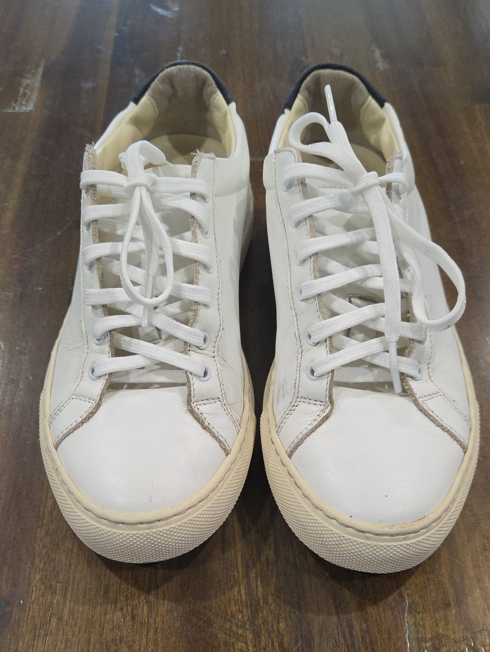 Woman By Common Projects Retro Low White Leather Sneakers with Cream Sole